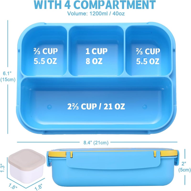 shell and turtle Bento Box for Kids Girls Boys, Bento Box Adult Lunch Box with 4 Compartments, Lunch Containers with Utensils, Sauce Jar, Muffin Liners for School, 40 Oz/5 Cup, Blue - Image 2